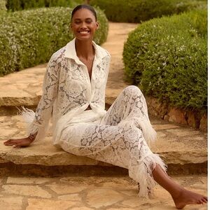 Hutch Faux-Feather Trim Ivory Lace Pajama Set XS NWT